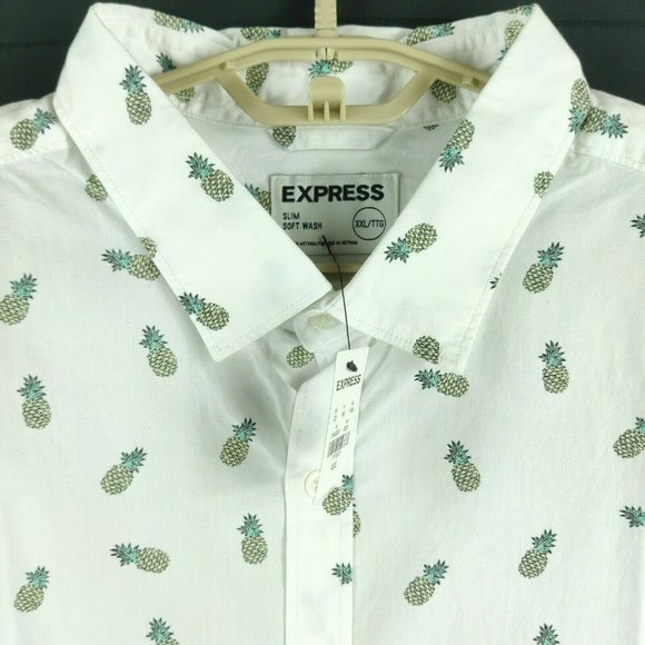 NWT Express All-Over-Print Pineapple Hawaiian Shirt Mens 2XL Slim Fit - Picture 1 of 6
